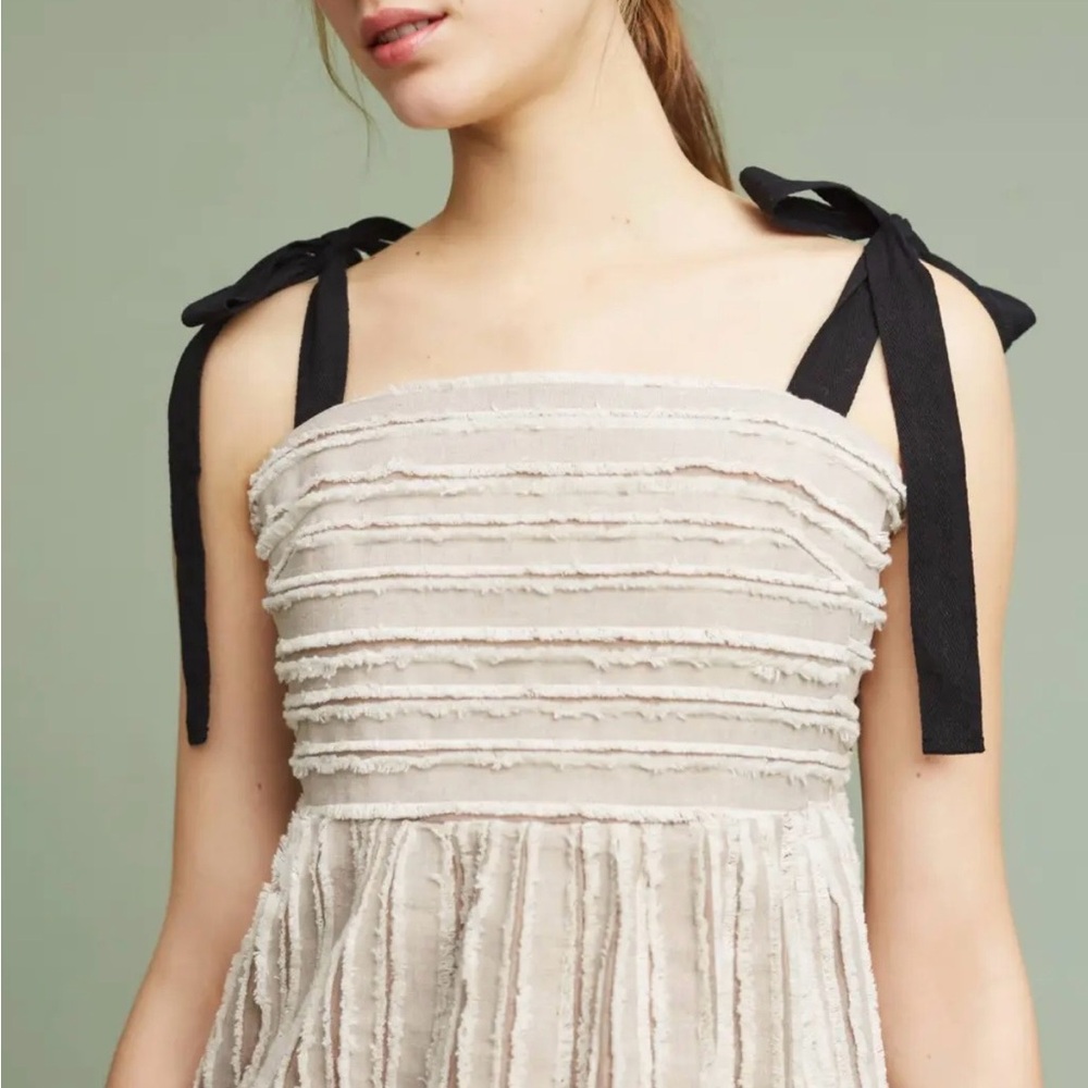 Anthropologie Textured Ribbon Tie Strap Peplum Tank Top Neutral Boho, SZ M